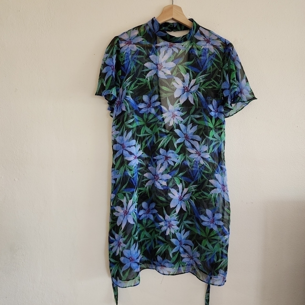2/$20 Forever 21 Blue Green Floral Print Semi Sheer A Line Dress Size - Picture 6 of 16